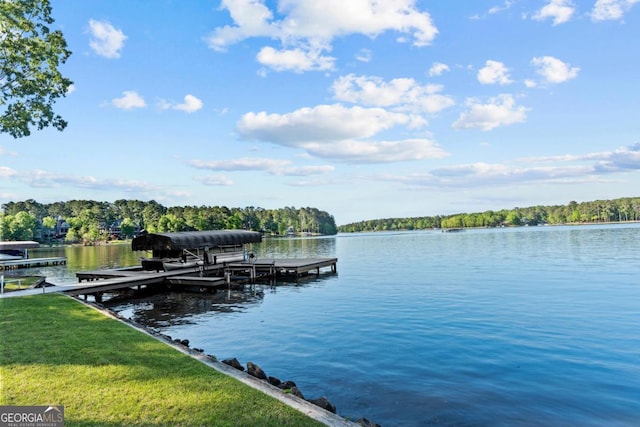 1230 Lake Club Dr, Greensboro, GA 30642 - dock area with boat lift, a water view, a lawn, and a forest view