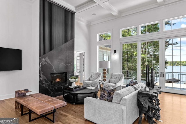1230 Lake Club Dr, Greensboro, GA 30642 - living area with a premium fireplace, coffered ceiling, beamed ceiling, a towering ceiling, and crown molding
