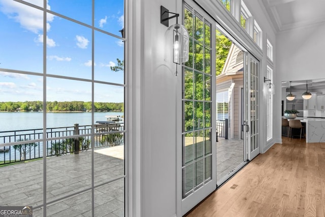 1230 Lake Club Dr, Greensboro, GA 30642 - doorway to outside with a water view, wood finished floors, a high ceiling, and plenty of natural light