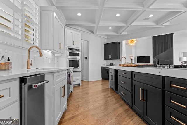 1230 Lake Club Dr, Greensboro, GA 30642 - kitchen featuring recessed lighting, white cabinetry, beamed ceiling, stainless steel appliances, and light wood-style floors