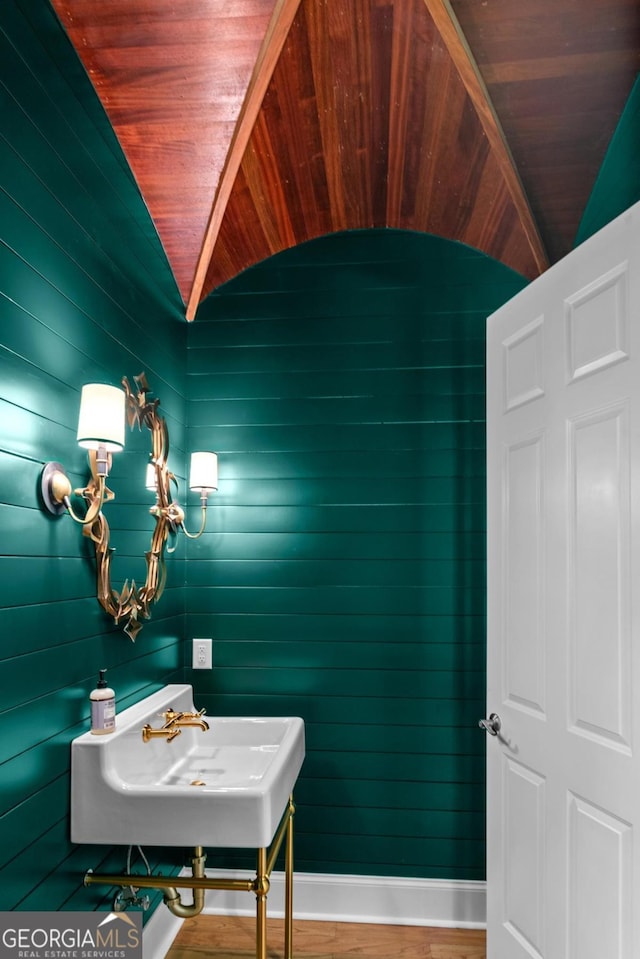 1230 Lake Club Dr, Greensboro, GA 30642 - bathroom with wood ceiling, vaulted ceiling, and wood finished floors