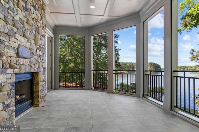 1230 Lake Club Dr, Greensboro, GA 30642 - unfurnished sunroom featuring a water view, plenty of natural light, and crown molding