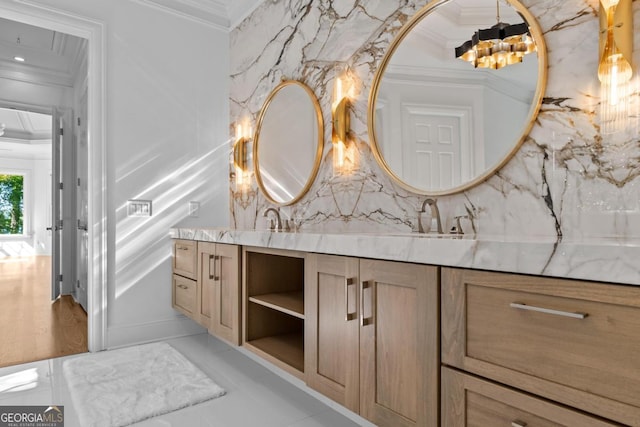 1230 Lake Club Dr, Greensboro, GA 30642 - full bathroom featuring ornamental molding, double vanity, and a chandelier