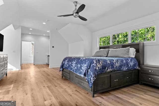 1230 Lake Club Dr, Greensboro, GA 30642 - bedroom featuring light wood finished floors, lofted ceiling, and ceiling fan