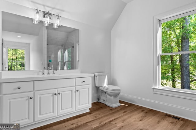 1230 Lake Club Dr, Greensboro, GA 30642 - full bathroom with vanity, a stall shower, wood finished floors, and lofted ceiling