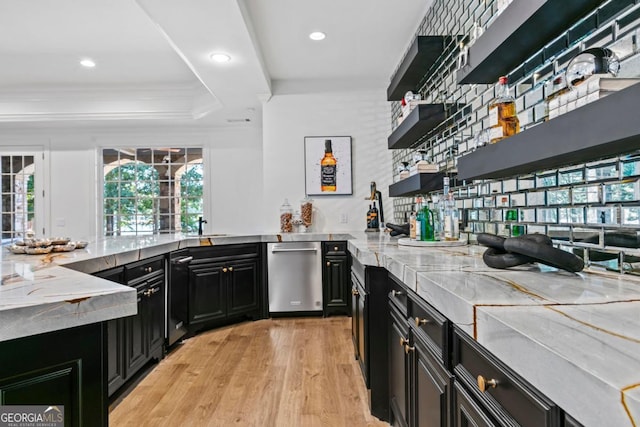1230 Lake Club Dr, Greensboro, GA 30642 - bar with dishwasher, light wood finished floors, ornamental molding, a raised ceiling, and recessed lighting