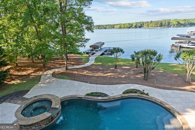 1230 Lake Club Dr, Greensboro, GA 30642 - view of swimming pool featuring a water view, a boat dock, and a pool with connected hot tub