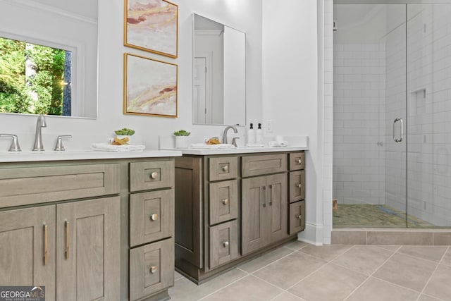 1230 Lake Club Dr, Greensboro, GA 30642 - full bath with ornamental molding, vanity, a stall shower, and tile patterned floors