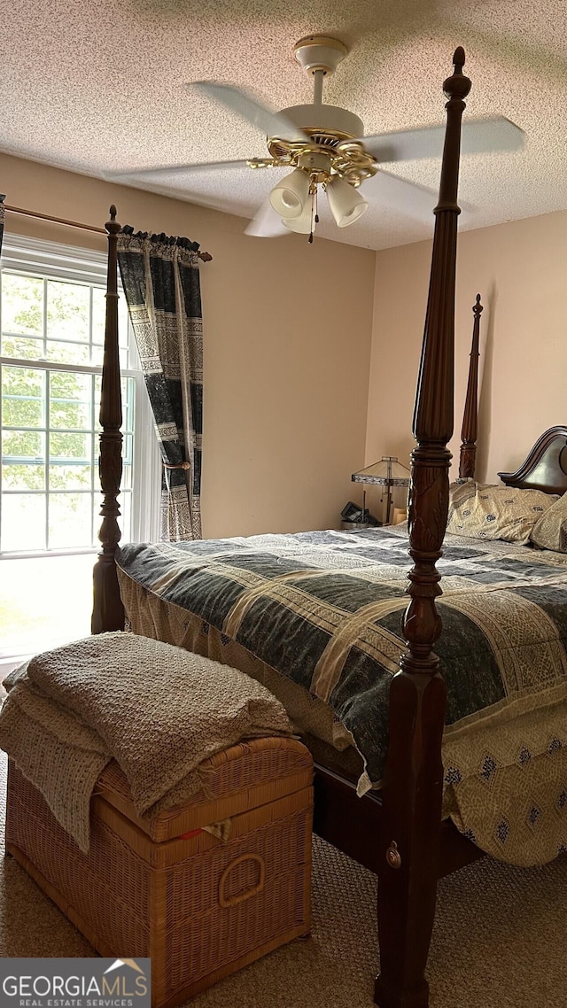 5904 Clairmont Way, Powder Springs, GA 30127 - bedroom with a ceiling fan, access to outside, a textured ceiling, and carpet flooring