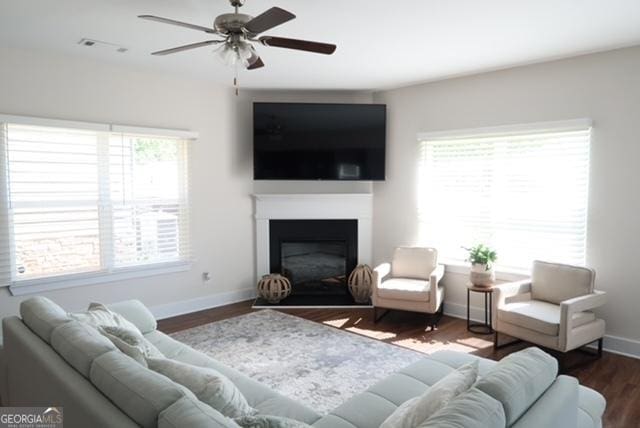 11096 Cornerstone Way, Hampton, GA 30228 - living area featuring a ceiling fan, a glass covered fireplace, and wood finished floors