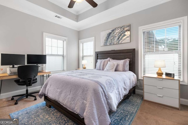 1903 Anjaco Rd NW Unit 5, Atlanta, GA 30309 - bedroom featuring light colored carpet, ornamental molding, an office area, a tray ceiling, and ceiling fan