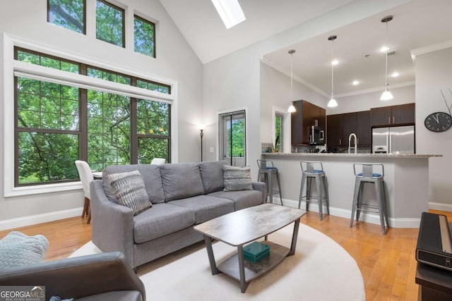 1903 Anjaco Rd NW Unit 5, Atlanta, GA 30309 - living room featuring a skylight, high vaulted ceiling, light wood-style flooring, and ornamental molding