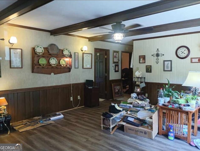 1806 Dawson Rd, Albany, GA 31707 - living area with wood finished floors, beam ceiling, ceiling fan, wooden walls, and wainscoting
