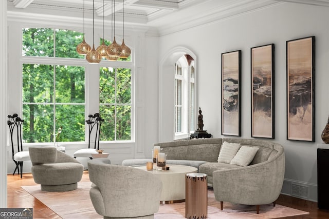 4874 Kettle River Pt, Suwanee, GA 30024 - living room featuring crown molding, beamed ceiling, and coffered ceiling