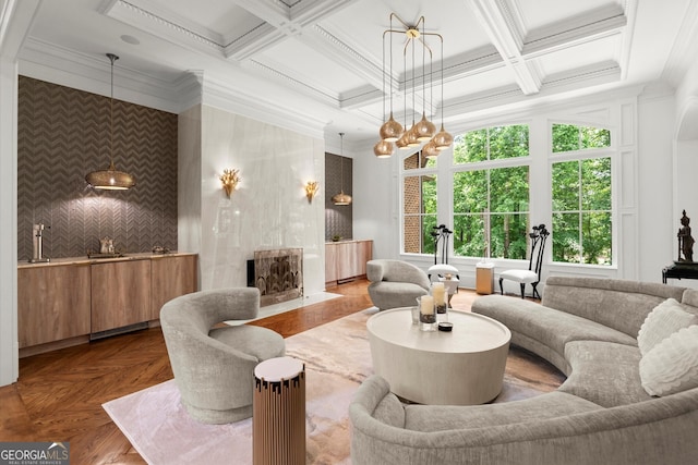 4874 Kettle River Pt, Suwanee, GA 30024 - living room featuring crown molding, wet bar, coffered ceiling, beamed ceiling, and a chandelier