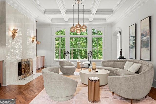 4874 Kettle River Pt, Suwanee, GA 30024 - living area featuring plenty of natural light, crown molding, a high end fireplace, beamed ceiling, and coffered ceiling