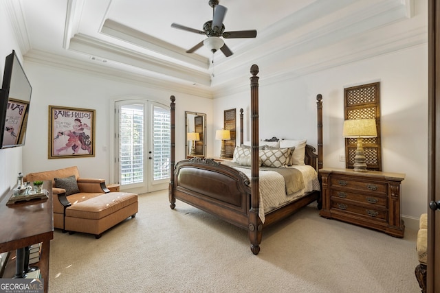 4874 Kettle River Pt, Suwanee, GA 30024 - bedroom featuring access to outside, light carpet, french doors, a tray ceiling, and ornamental molding