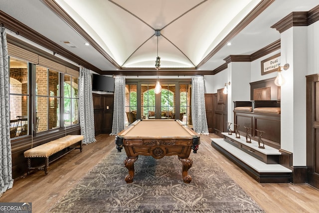 4874 Kettle River Pt, Suwanee, GA 30024 - playroom featuring crown molding, billiards table, wood finished floors, healthy amount of natural light, and vaulted ceiling