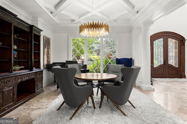 4874 Kettle River Pt, Suwanee, GA 30024 - dining area with decorative columns, a chandelier, french doors, coffered ceiling, and beam ceiling