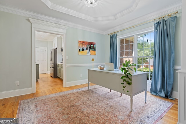 3095 Chattahoochee Trce, Gainesville, GA 30506 - home office featuring light wood-style floors, crown molding, a tray ceiling, and a chandelier
