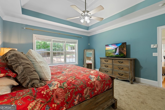 3095 Chattahoochee Trce, Gainesville, GA 30506 - carpeted bedroom featuring a tray ceiling, crown molding, and ceiling fan