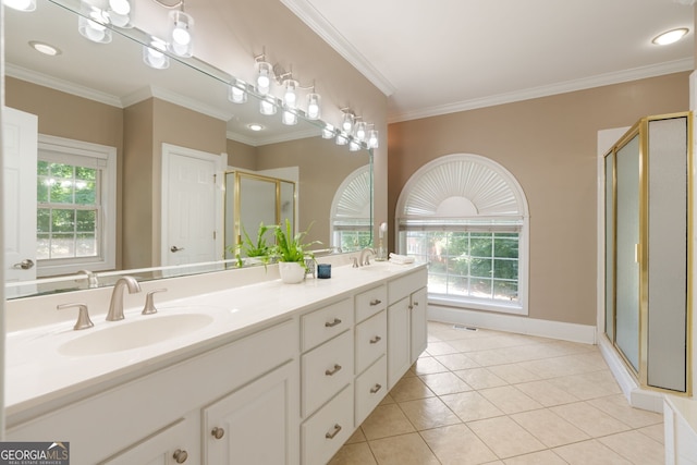3095 Chattahoochee Trce, Gainesville, GA 30506 - full bathroom featuring double vanity, a shower stall, tile patterned floors, and ornamental molding