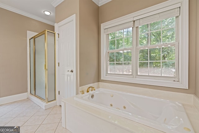 3095 Chattahoochee Trce, Gainesville, GA 30506 - bathroom with a stall shower, crown molding, a whirlpool tub, and tile patterned flooring