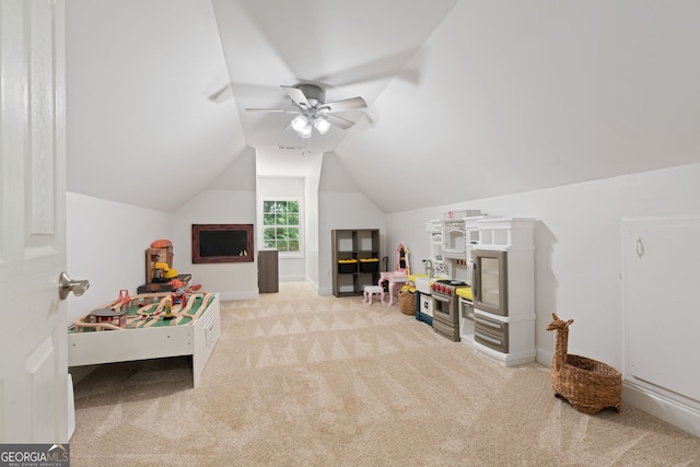 3095 Chattahoochee Trce, Gainesville, GA 30506 - playroom with carpet floors, ceiling fan, and lofted ceiling