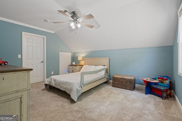 3095 Chattahoochee Trce, Gainesville, GA 30506 - carpeted bedroom with lofted ceiling, ceiling fan, and ornamental molding