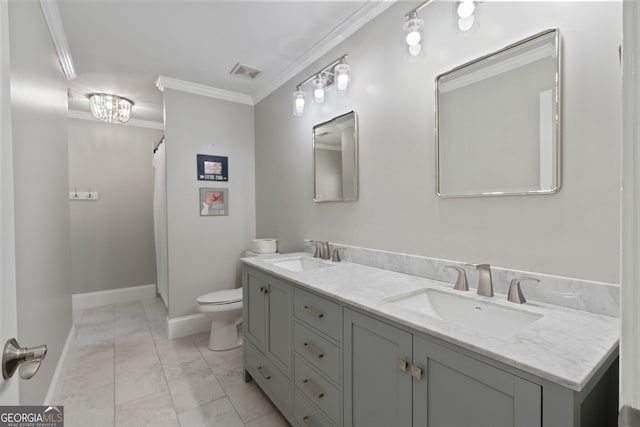 3095 Chattahoochee Trce, Gainesville, GA 30506 - bathroom featuring double vanity, marble look tile flooring, ornamental molding, and a shower with curtain