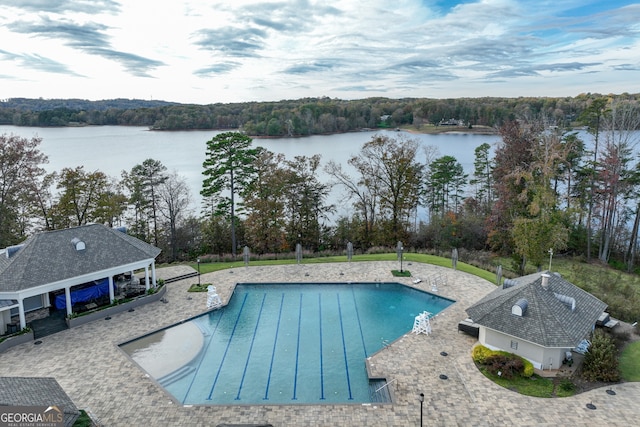 3095 Chattahoochee Trce, Gainesville, GA 30506 - outdoor pool with a water view, a wooded view, and a patio