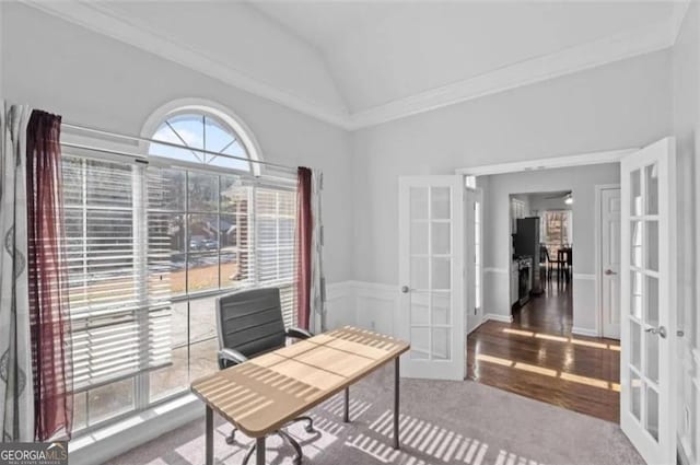 4021 Melvin Dr, Atlanta, GA 30331 - office featuring french doors, lofted ceiling, crown molding, and wood finished floors