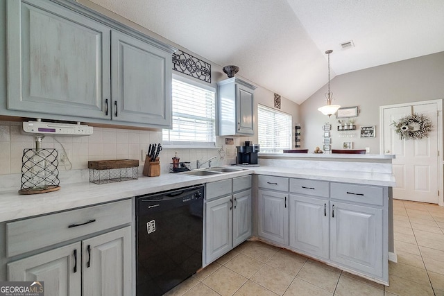 148 Fire Thorn, Pooler, GA 31322 - kitchen with dishwasher, a peninsula, gray cabinets, light tile patterned floors, and decorative backsplash