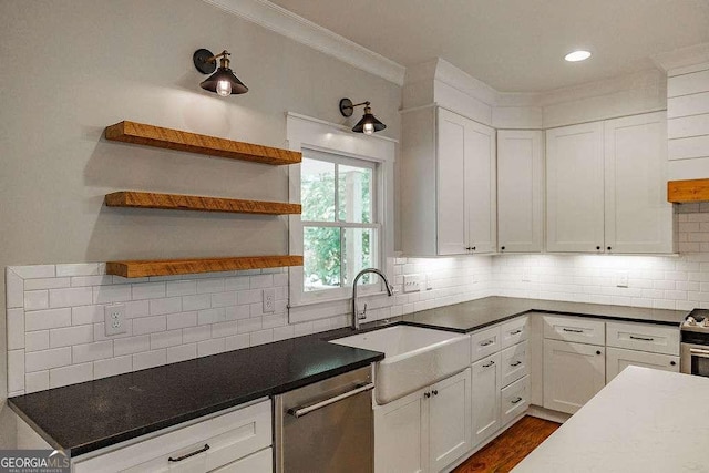 175 Pinecrest Ct, Athens, GA 30605 - kitchen with stainless steel appliances, white cabinetry, tasteful backsplash, ornamental molding, and recessed lighting