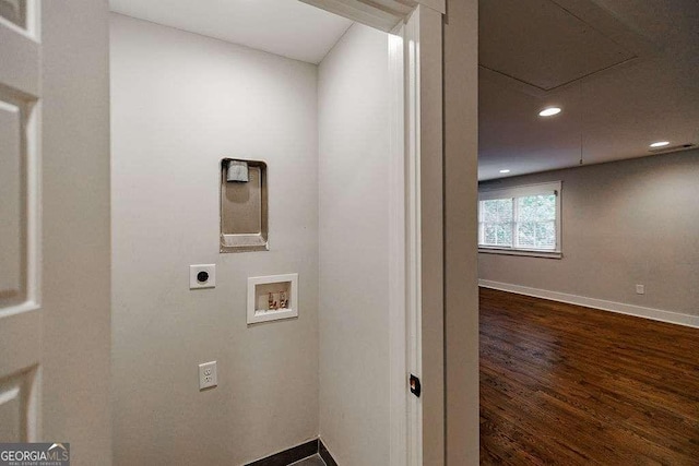 175 Pinecrest Ct, Athens, GA 30605 - washroom with hookup for an electric dryer, washer hookup, recessed lighting, attic access, and dark wood-type flooring