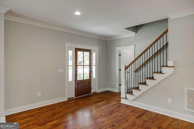 175 Pinecrest Ct, Athens, GA 30605 - entryway featuring crown molding, wood finished floors, stairway, and recessed lighting