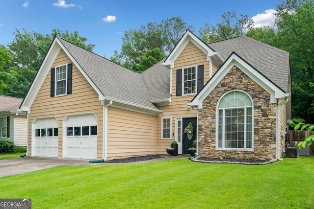 1825 Millstone Ct, Alpharetta, GA 30004 - traditional home with stone siding, a garage, a front lawn, and a shingled roof