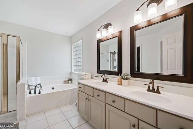1825 Millstone Ct, Alpharetta, GA 30004 - bathroom with a stall shower, double vanity, a garden tub, and tile patterned flooring