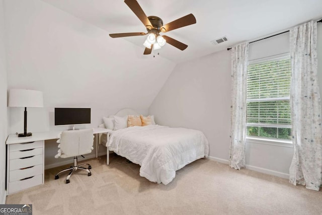 1825 Millstone Ct, Alpharetta, GA 30004 - bedroom with light colored carpet, vaulted ceiling, a desk, and ceiling fan