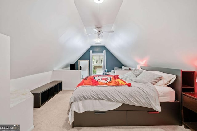 1825 Millstone Ct, Alpharetta, GA 30004 - carpeted bedroom featuring vaulted ceiling and ceiling fan
