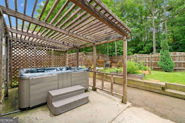 1825 Millstone Ct, Alpharetta, GA 30004 - fenced backyard with a hot tub, a patio area, and a pergola
