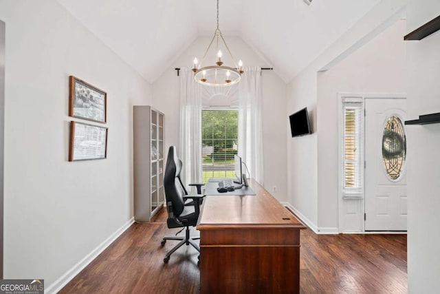 1825 Millstone Ct, Alpharetta, GA 30004 - office area with a chandelier, dark wood finished floors, and vaulted ceiling