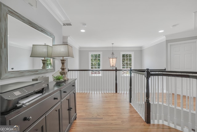 100 Castlebrook Chase, Tyrone, GA 30290 - kitchen featuring crown molding, light wood-type flooring, pendant lighting, and recessed lighting