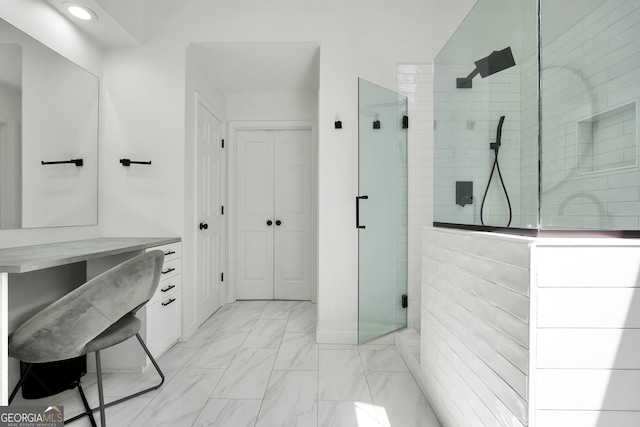 100 Castlebrook Chase, Tyrone, GA 30290 - full bath with a shower stall, marble look tiles, a closet, and recessed lighting