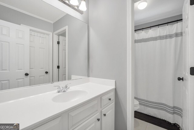 100 Castlebrook Chase, Tyrone, GA 30290 - bathroom featuring vanity, crown molding, a shower with curtain, and tile patterned floors