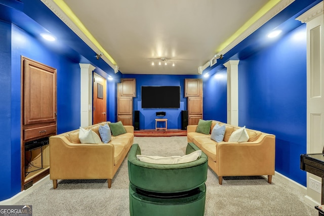 100 Castlebrook Chase, Tyrone, GA 30290 - carpeted home theater featuring decorative columns and rail lighting