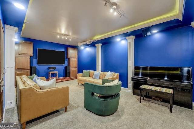 100 Castlebrook Chase, Tyrone, GA 30290 - living area with rail lighting, light colored carpet, and ornate columns
