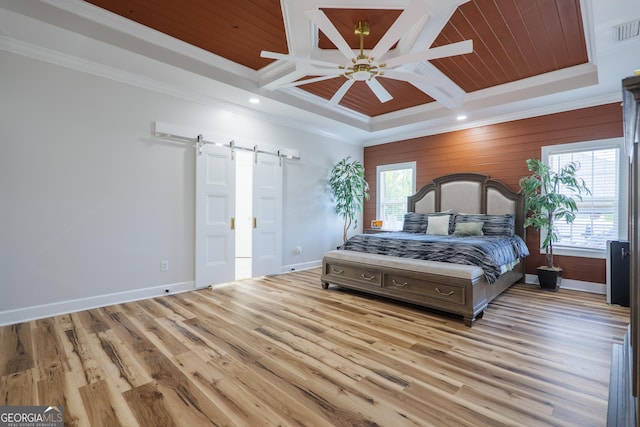 1112 Old Meadow Rd, Valdosta, GA 31605 - bedroom with multiple windows, a barn door, ornamental molding, coffered ceiling, and a wood ceiling with exposed beams