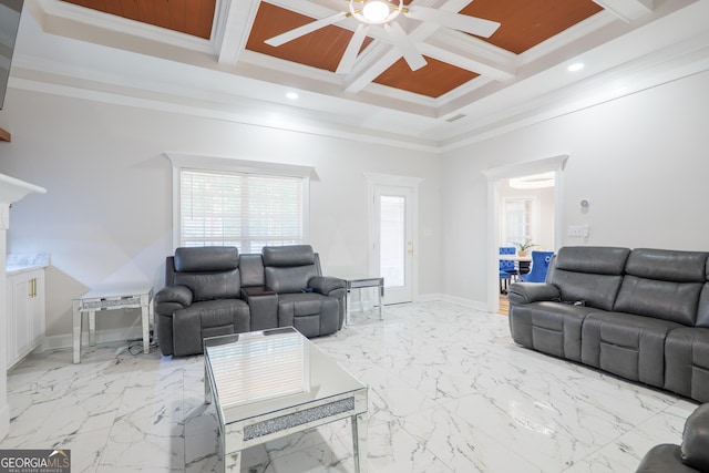 1112 Old Meadow Rd, Valdosta, GA 31605 - living room with ceiling fan, coffered ceiling, ornamental molding, beamed ceiling, and recessed lighting