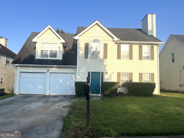 2561 Lancewood Ln, Lithonia, GA 30058 - view of front facade featuring driveway, a front lawn, a chimney, and roof with shingles